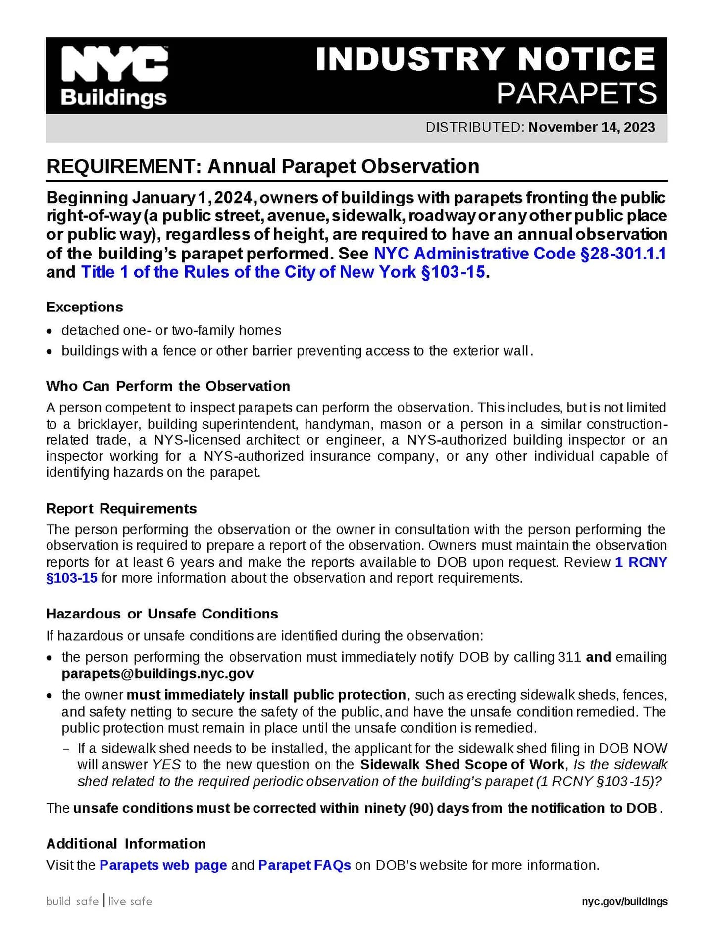 Professional parapet inspection for NYC Local Law 126 compliance